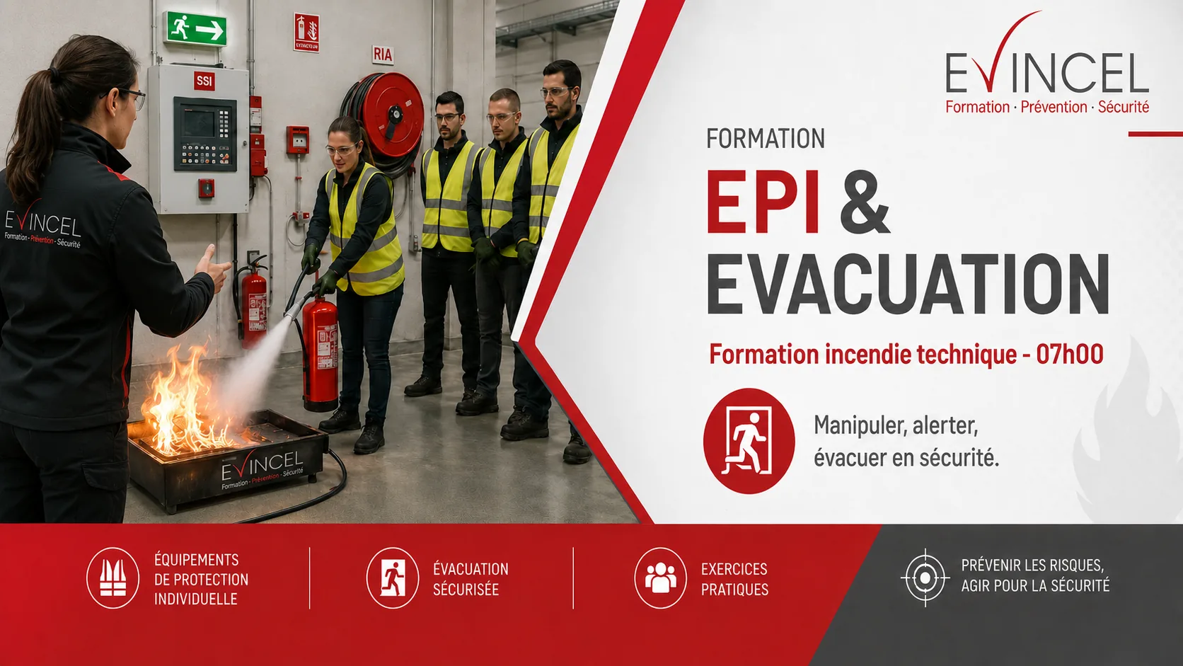 Informations sur la durée et les tarifs de la formation Formation équipier de première intervention et évacuation incendie – EPI, guide-file et serre-file – 7 heures